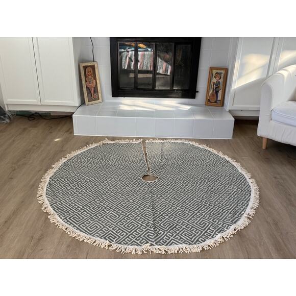 Handmade Greek Key Christmas Tree Skirt, ap 60” Round Decorator Canvas Fringe - Picture 3 of 9